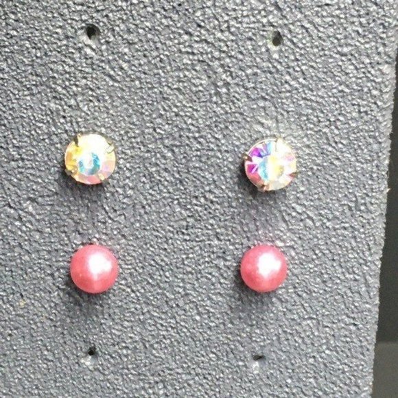 Pink Stud Earrings Lot Pierced Iridescent Pearl Silver Retro Classic Bling Glam - Picture 1 of 3